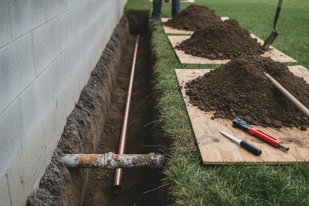 Excavated water line trench during Water Heater Repair in Freedom